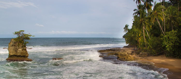 Ein karibischer strandabschnitt. ein Fels steht circa zehn Meter mitten im Meer.